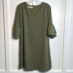 Belongsci Olive Green V-Neck Shift Dress‎ with Tiered Bell Sleeves Size Medium